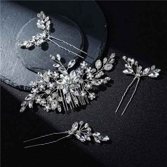 4 Pc Bride Wedding Hair Comb Pearl Flower Hair Piece Rhinestone Silver Hair Clip - Picture 3 of 7